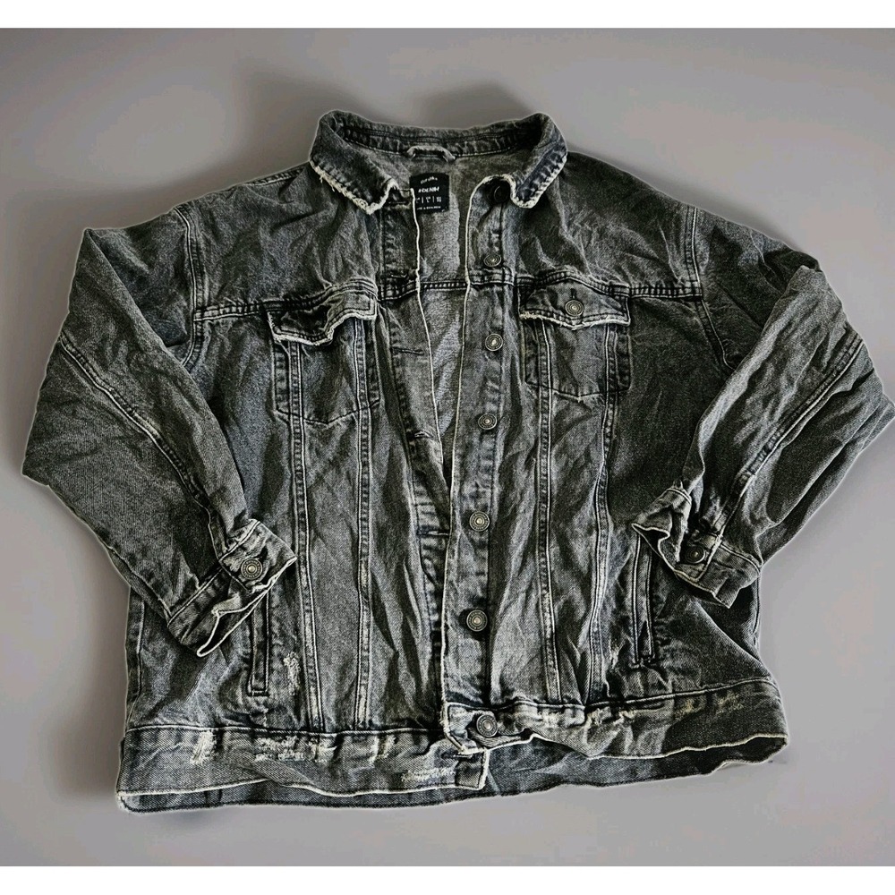Bershka Women's Size Large Charcoal Grey Denim Trucker Jacket 90s Style